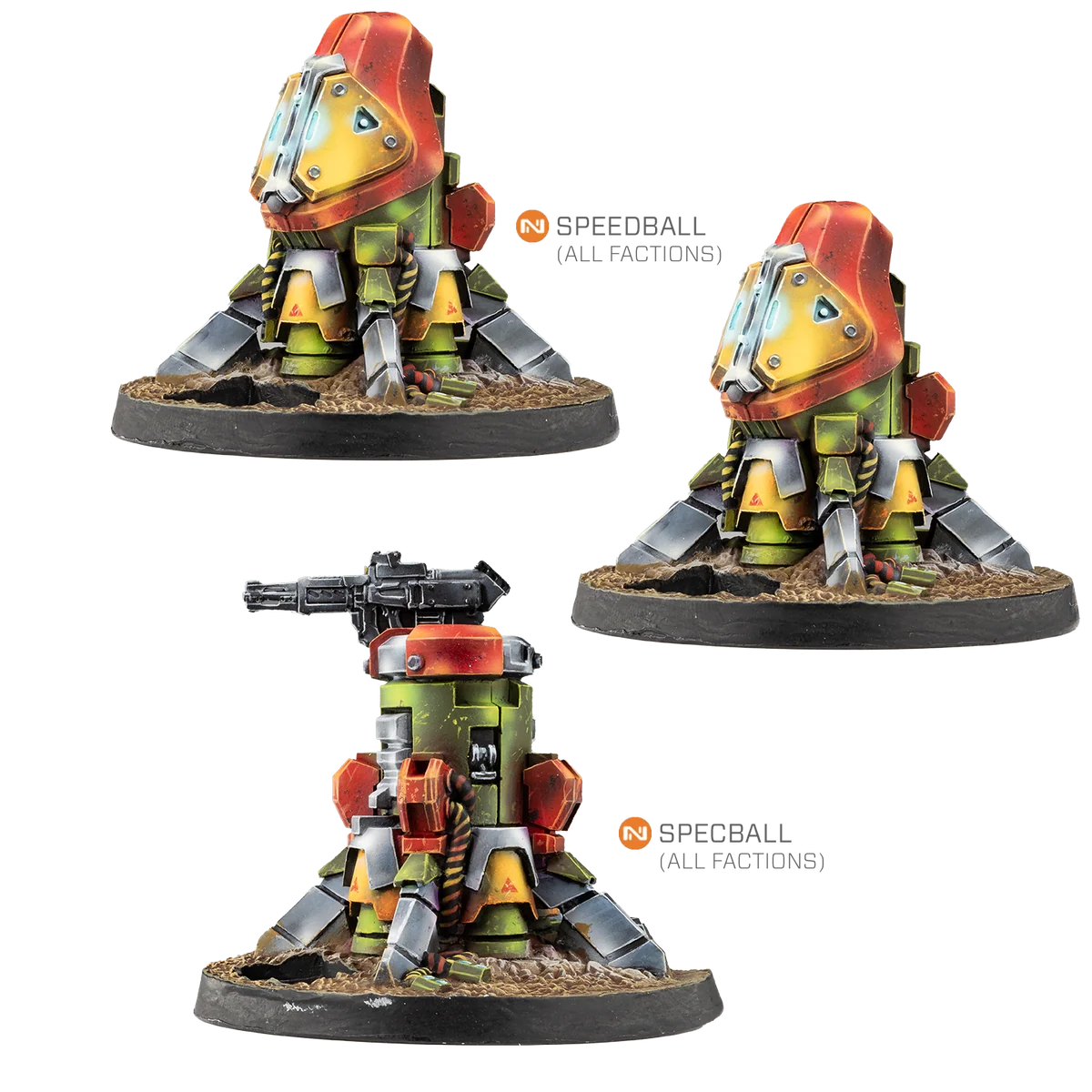 three orange green and yellow painted turret miniatures