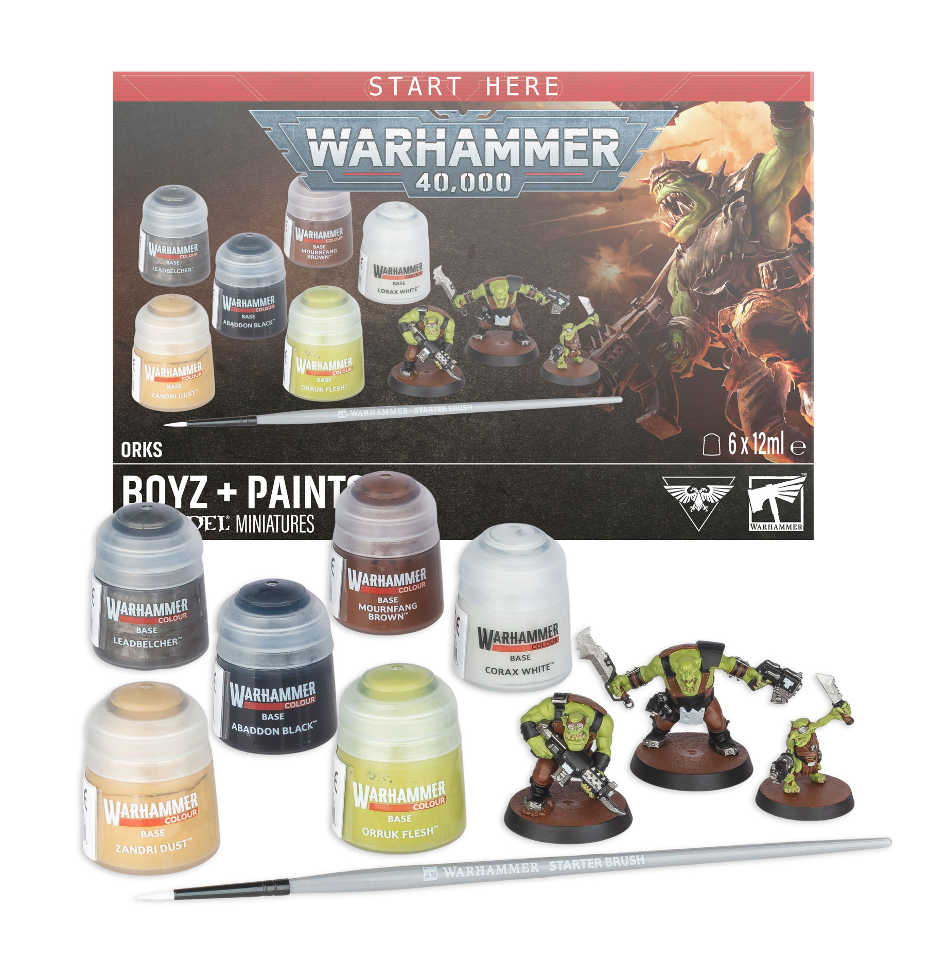 three painted orks and six paint pots