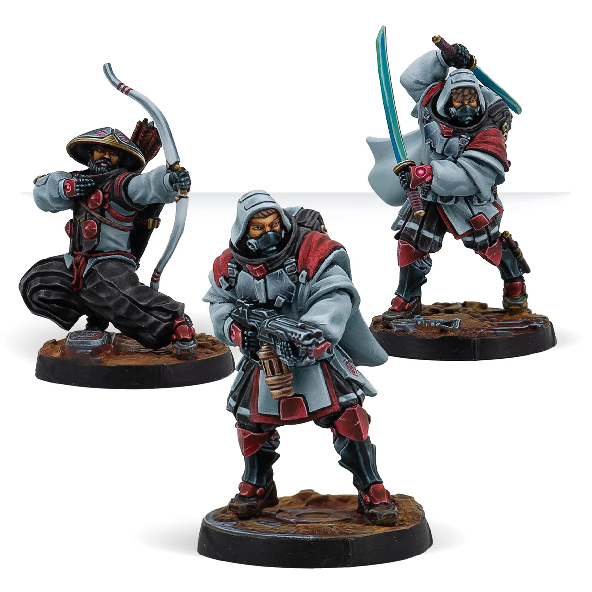 three painted Shindenbutai miniatures