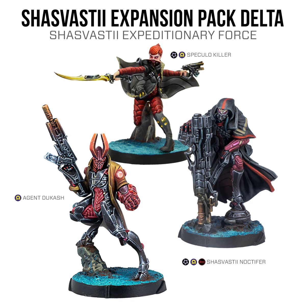 three painted aliens in black and red