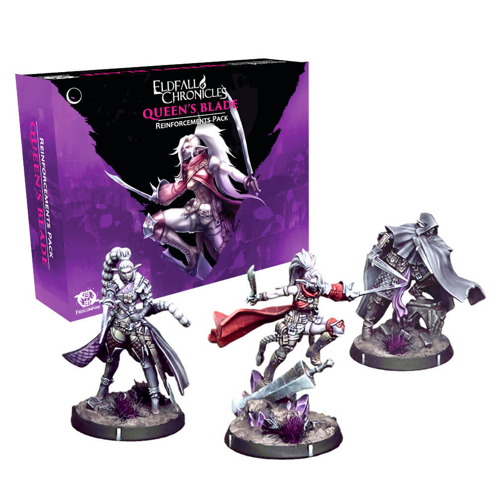 three painted dark elf miniatures and purple box