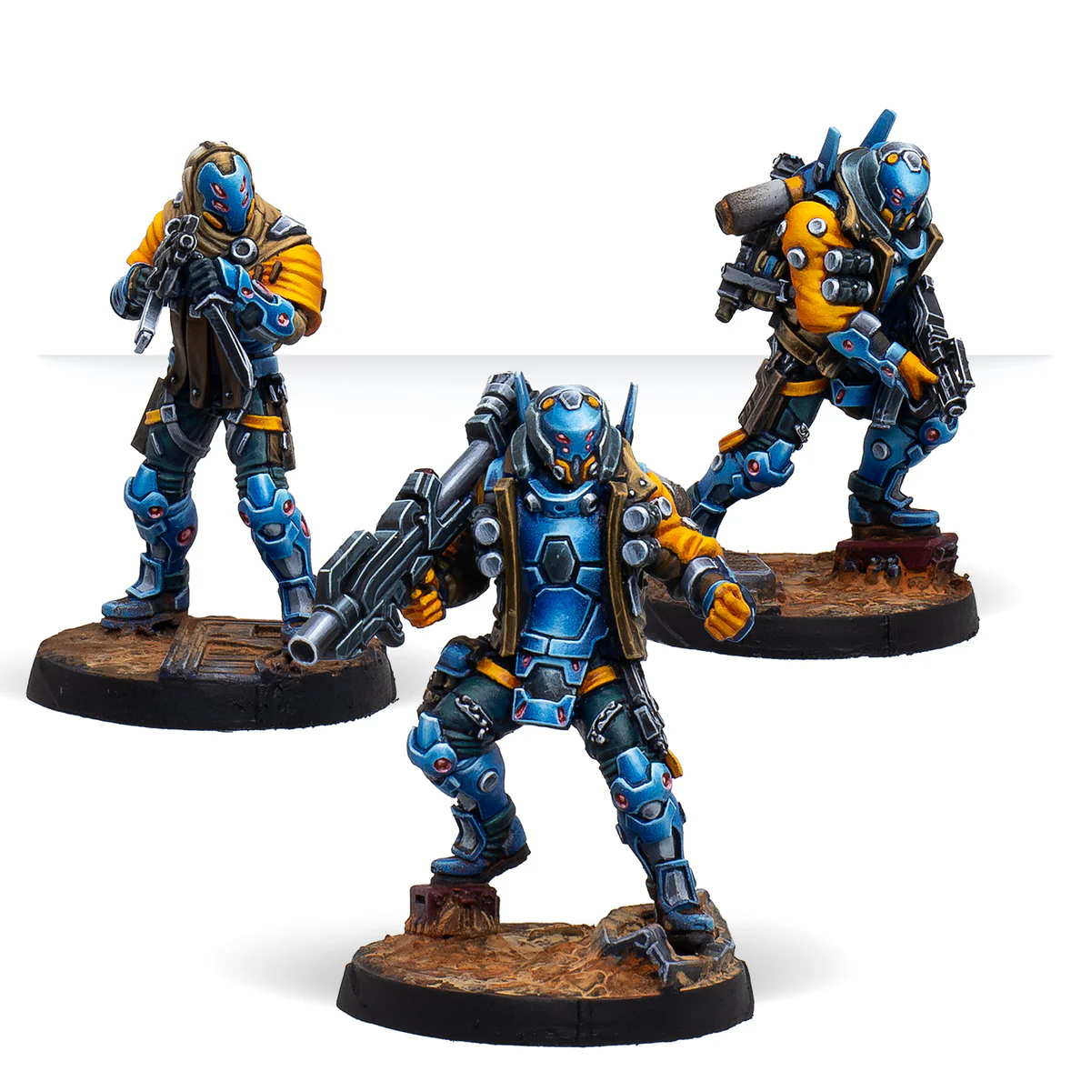 three painted miniatures in blue and yellow armored suits