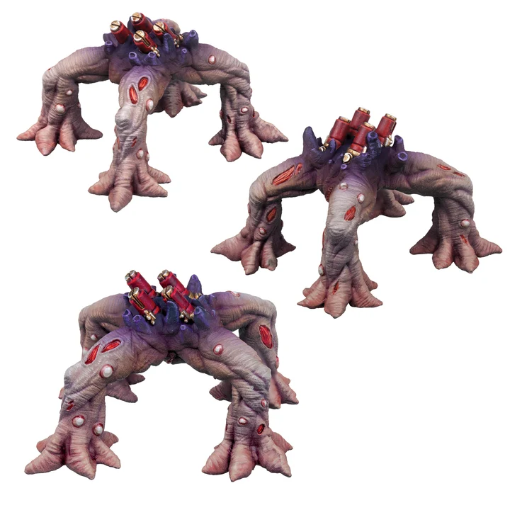 three painted miniatures that are just four fleshy legs with some guns where they meet