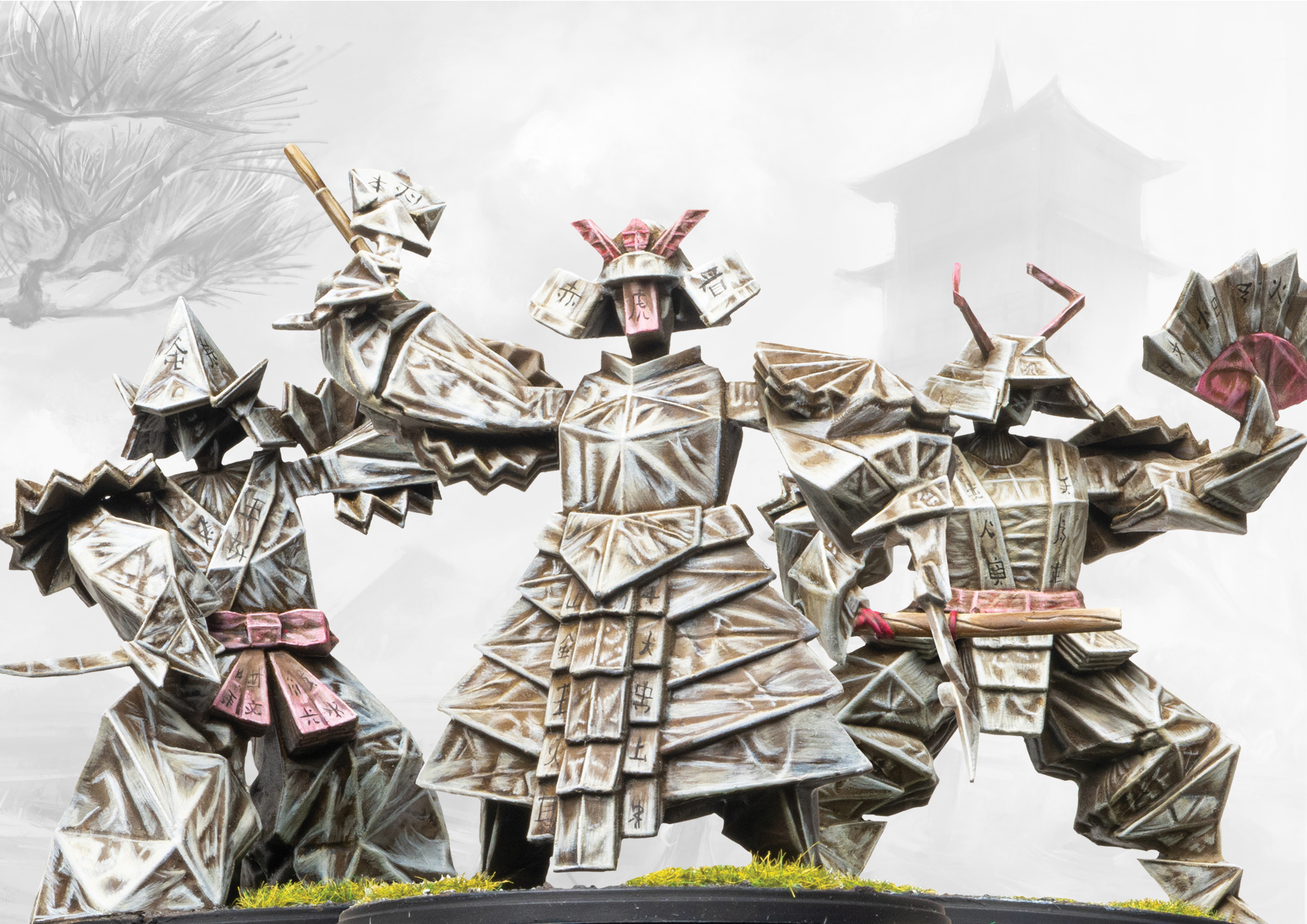 three painted origami warriors
