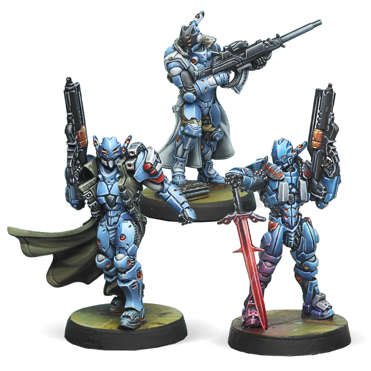three painted panoceania miniatures in blue and white power armor