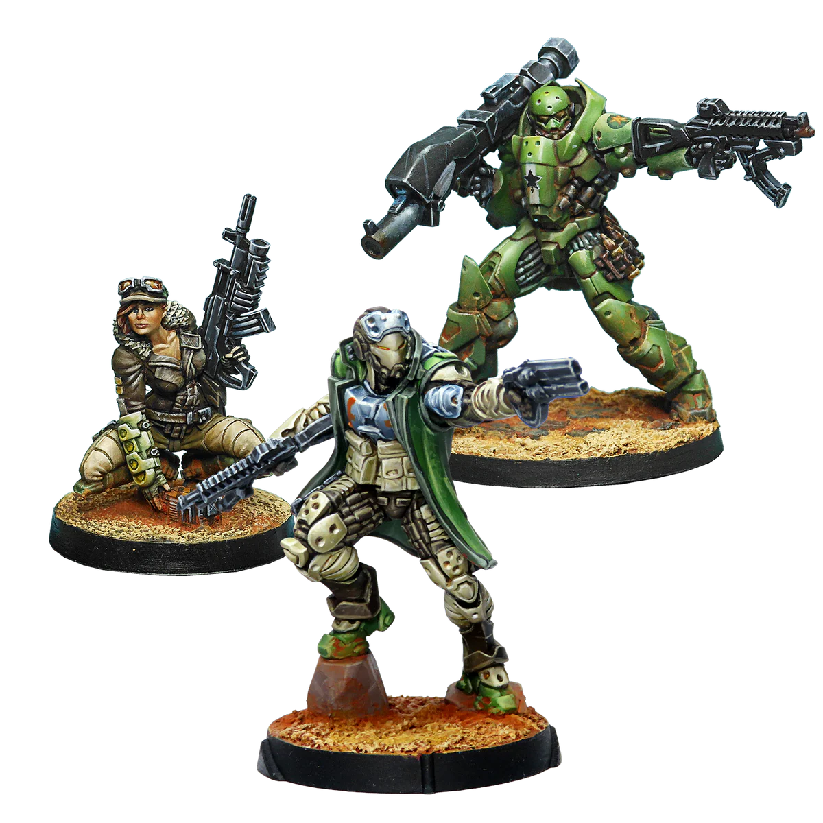 three painted ramah task force miniatures in green