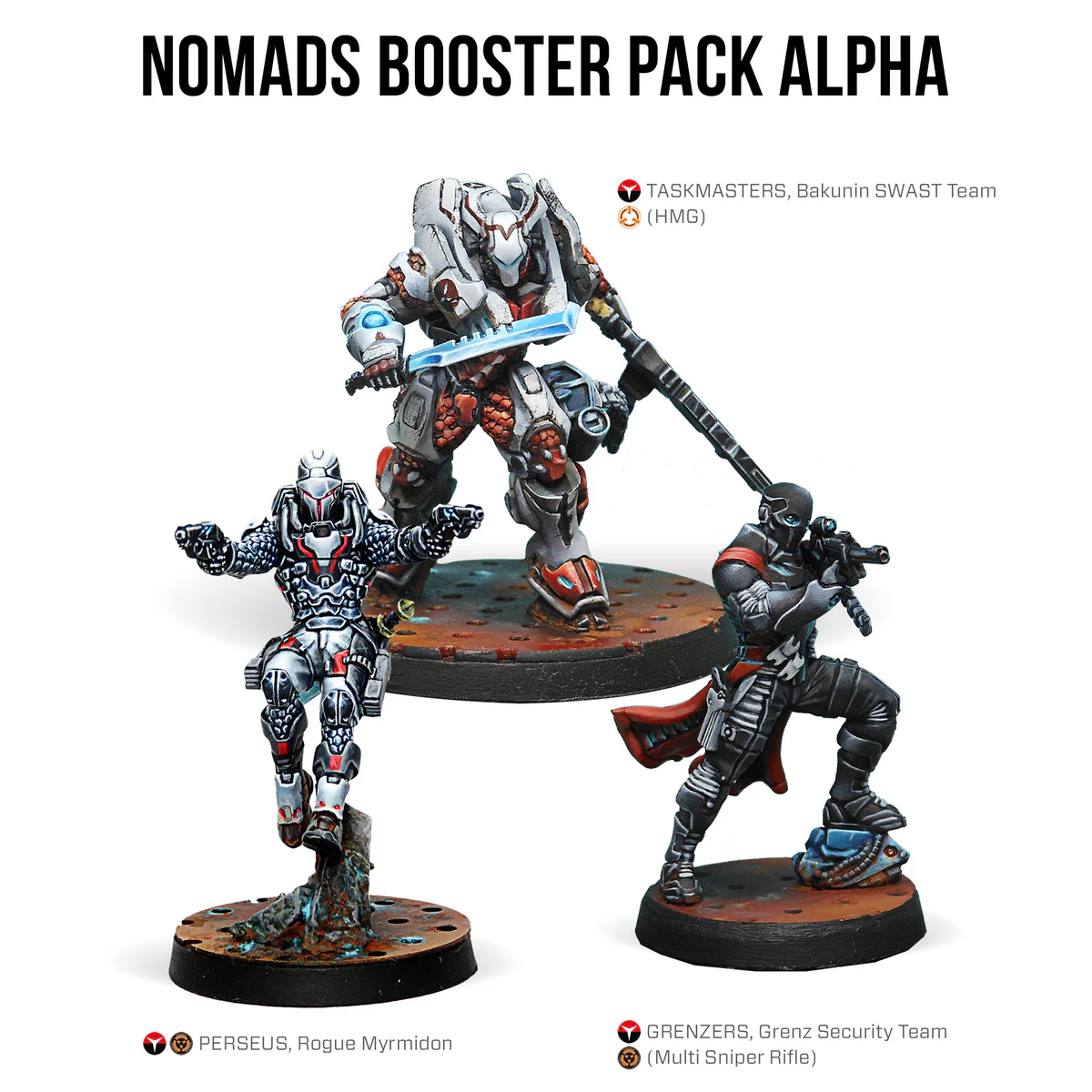 three painted red, black, and white miniatures