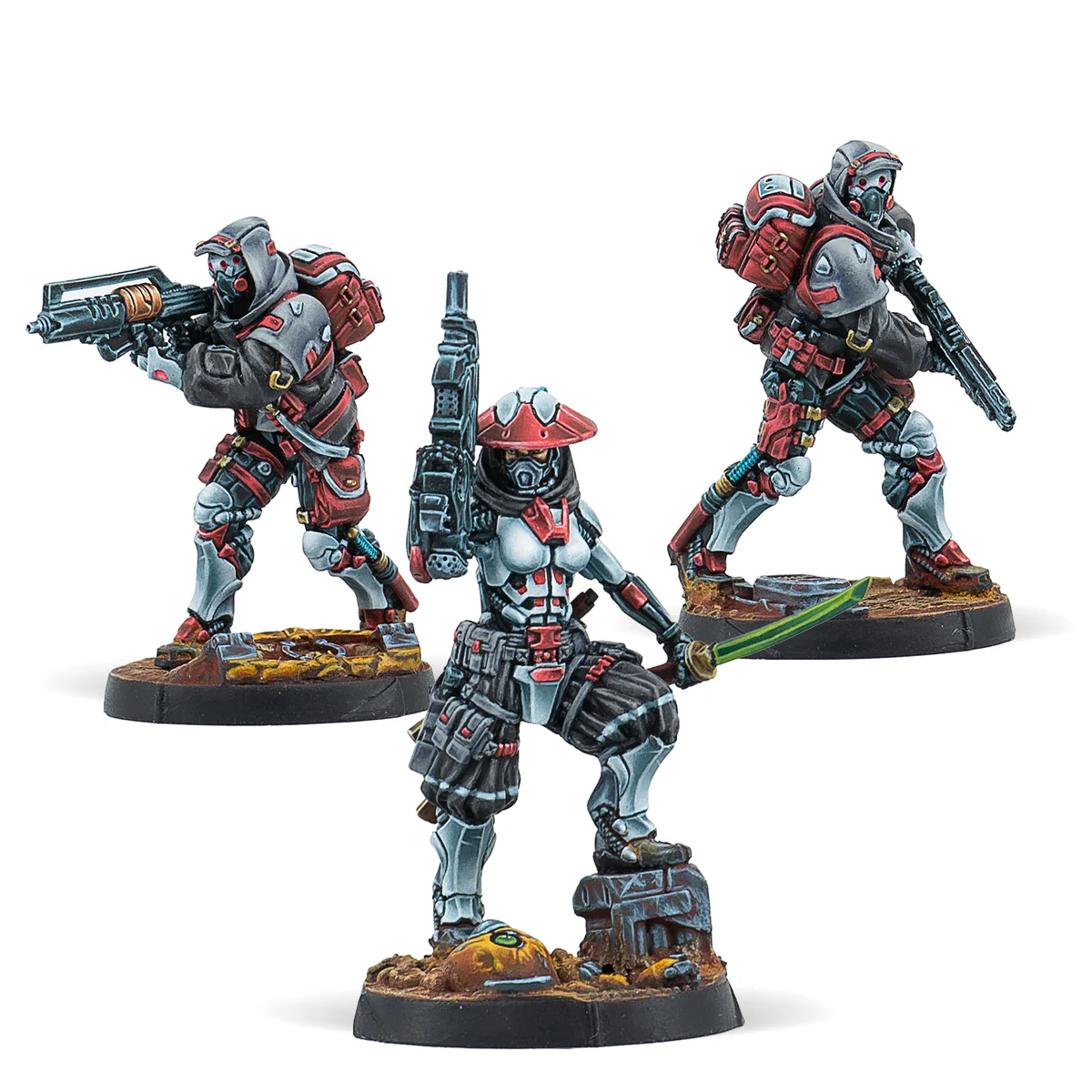 three painted shindenbutai miniatures in red and white