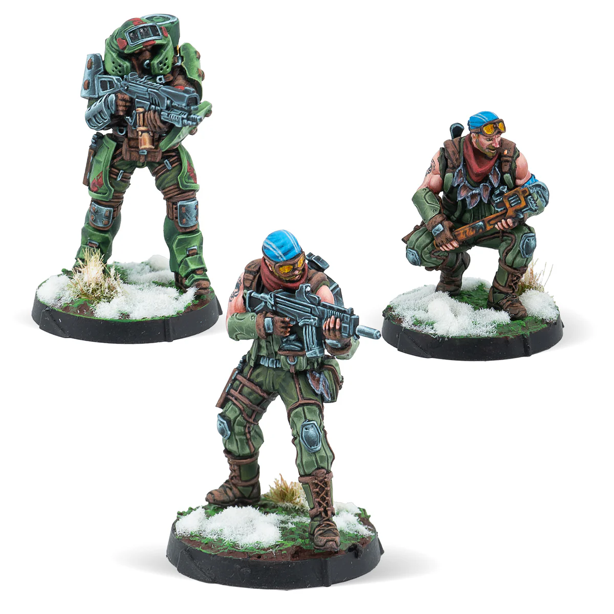 three painted tartary army miniatures in blue and green