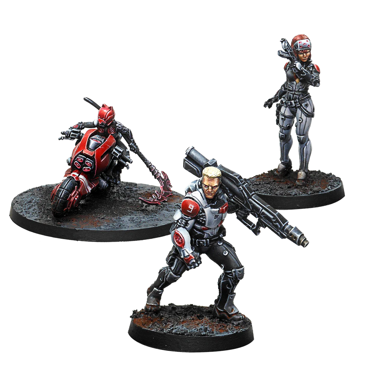 three sci fi soldiers in red and white painted miniatures