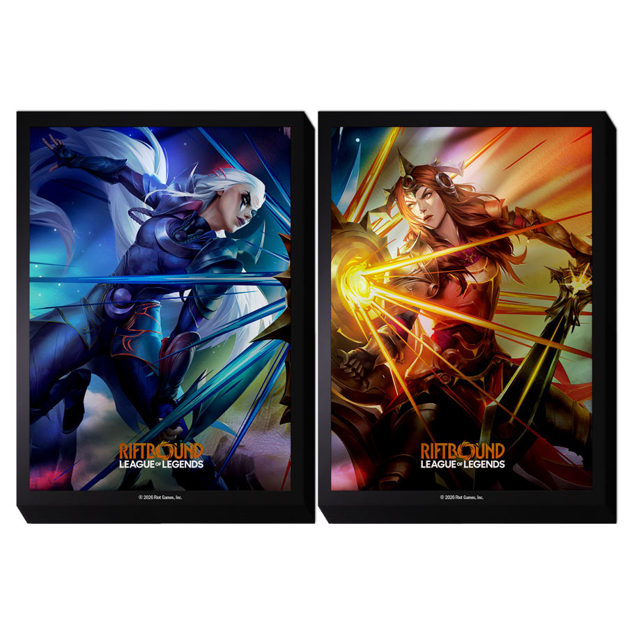 two card sleeves featuring riftbound logo and half of diana and leona dueling art