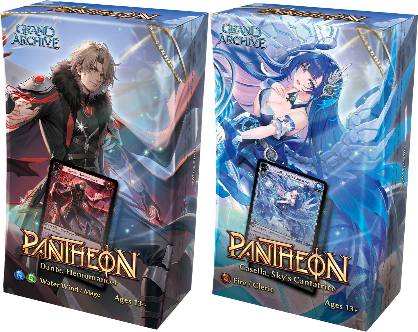 two deck boxes featuring anime style art of blonde man in red and black and blue haired woman with mechanical wings