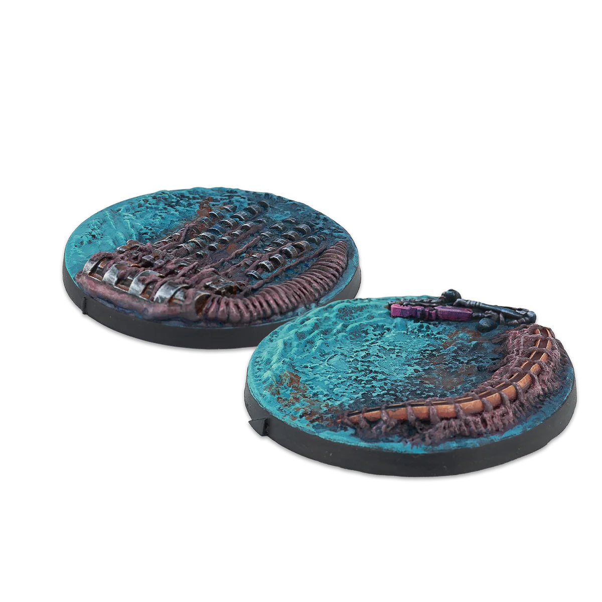 two extra large blue and purple painted alien themed round bases