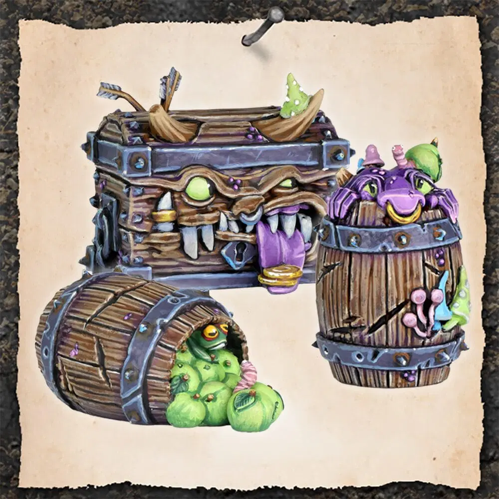 two painted barrels and one painted mimic