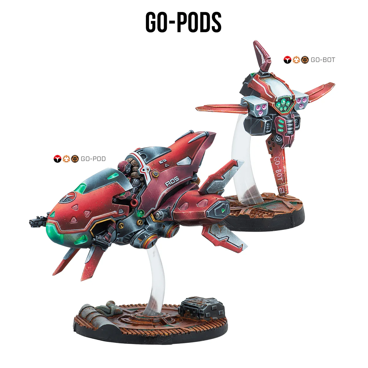 painted go pod ship and go bot drone miniatures