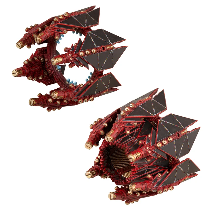 two painted miniature red and black donut shaped space stations