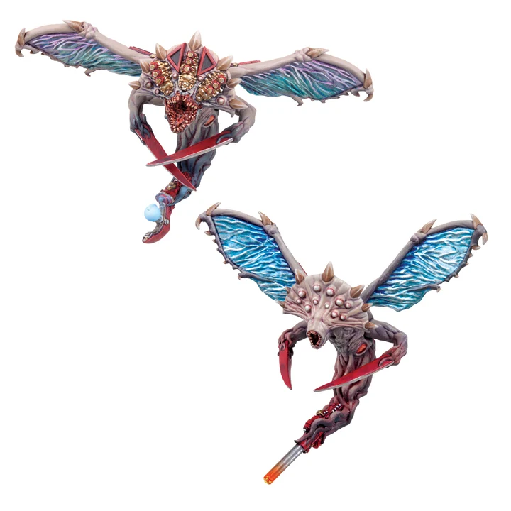 two painted miniatures of flying fleshy monsters with iridescent wings