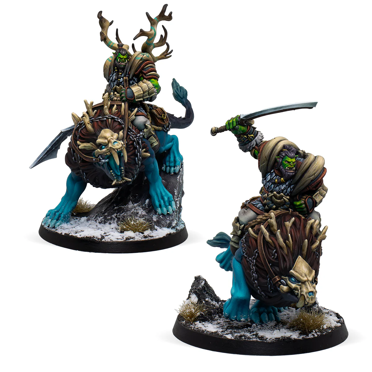 two painted miniatures of orcs riding wargs