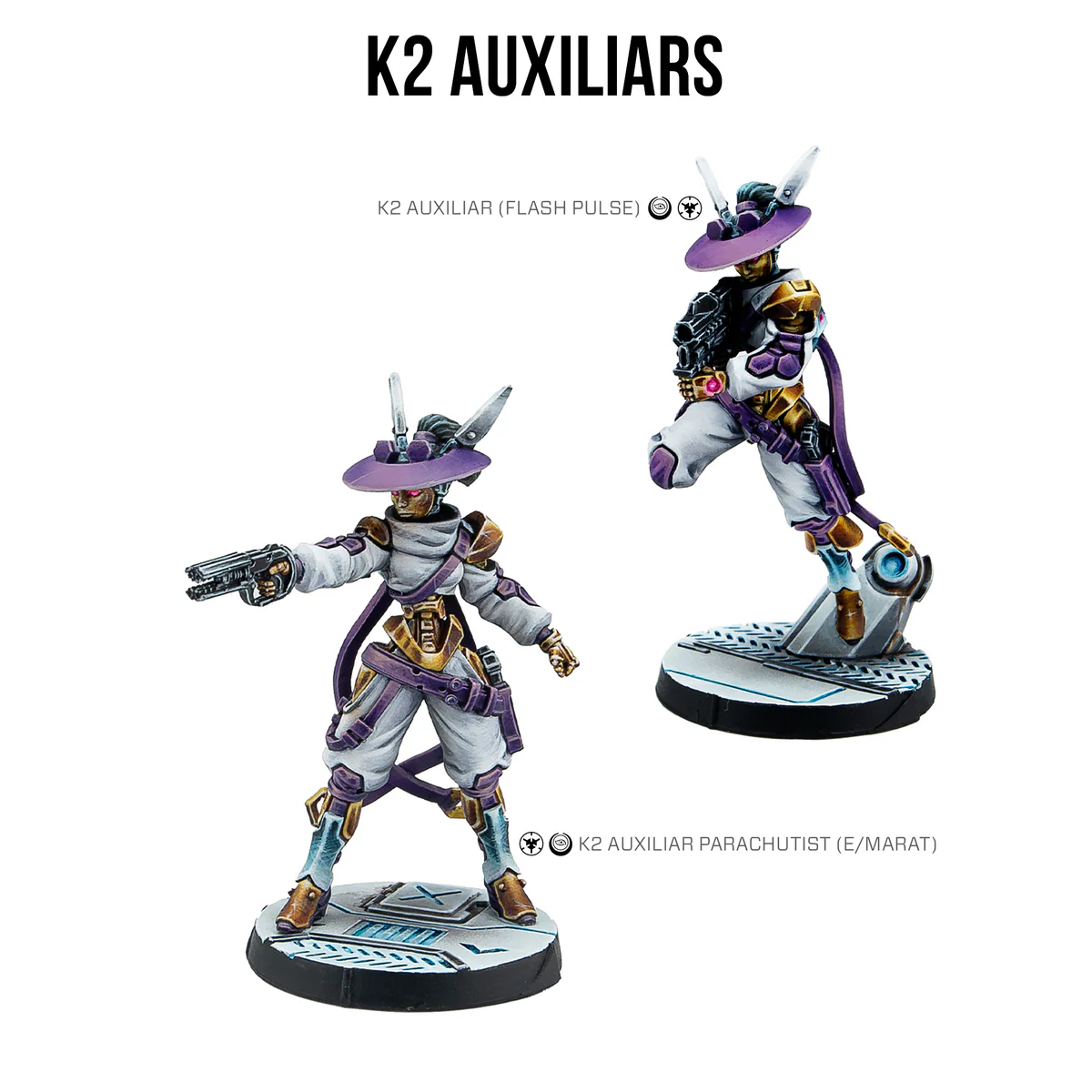 two painted miniatures of robot women in purple hats