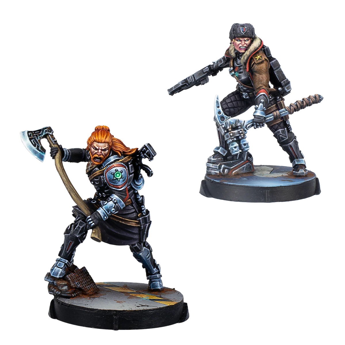 two painted miniatures with axe and hammer