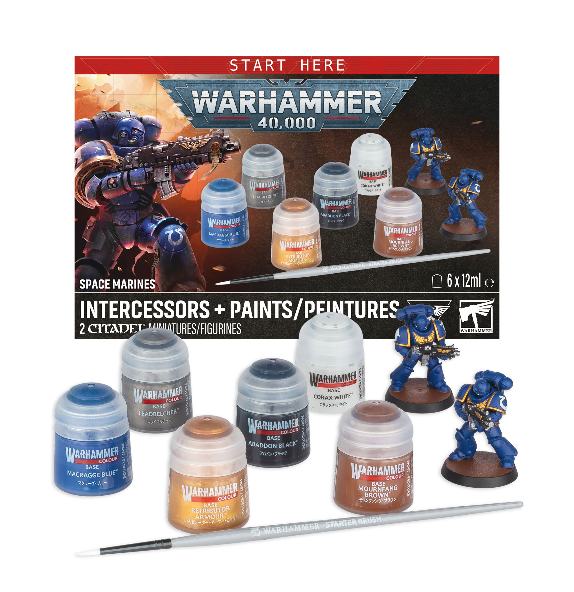 two painted space marines and six paint pots