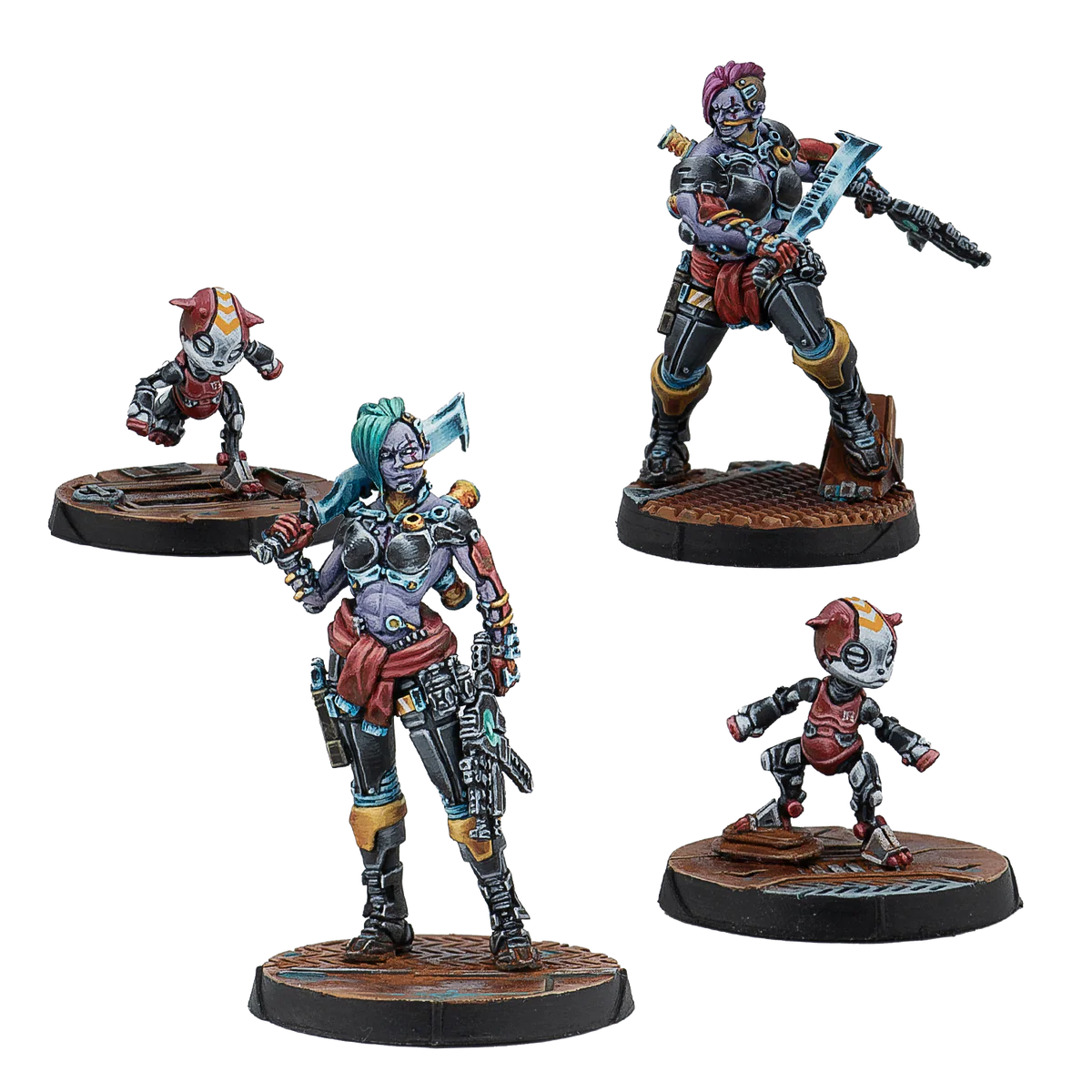 two painted super soldier miniatures and two little robot miniatures