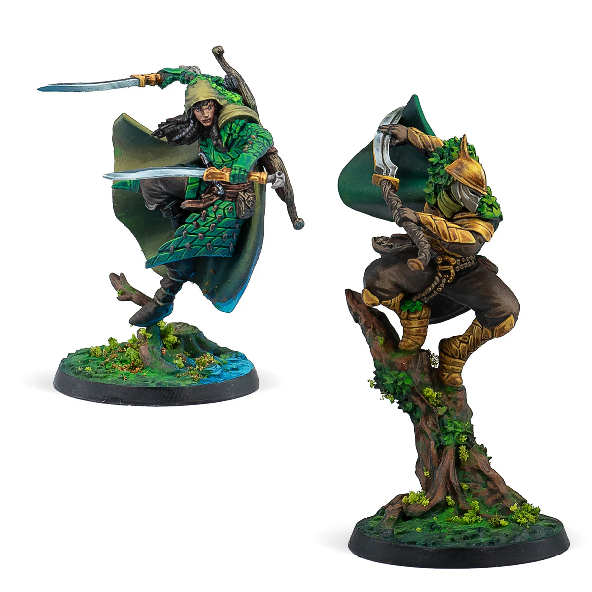 two painted syenann officer miniatures in gold and green