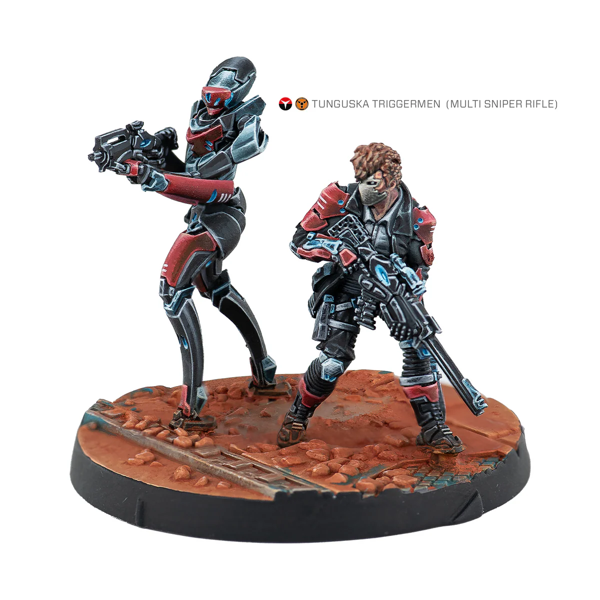 two red and black painted miniatures on single base