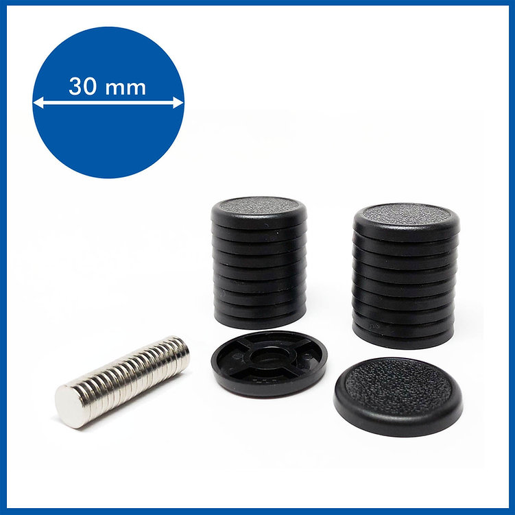 two stacks of medium round bases with rim and stack of magnets