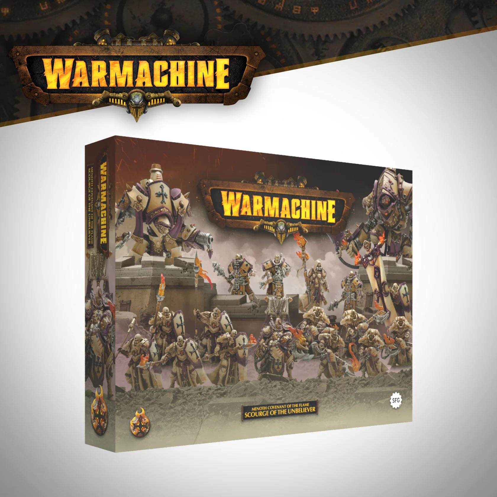 front of box featuring diorama of eighteen painted miniatures in beige and purple holding torches and decorated with crosses