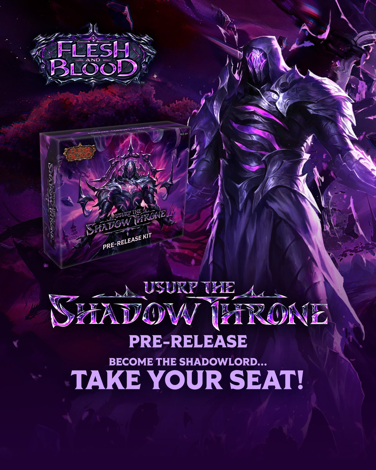 black and purple banner featuring viscerai and the text flesh and blood usurp the shadow throne pre-release, become the shadow lord...take your seat!
