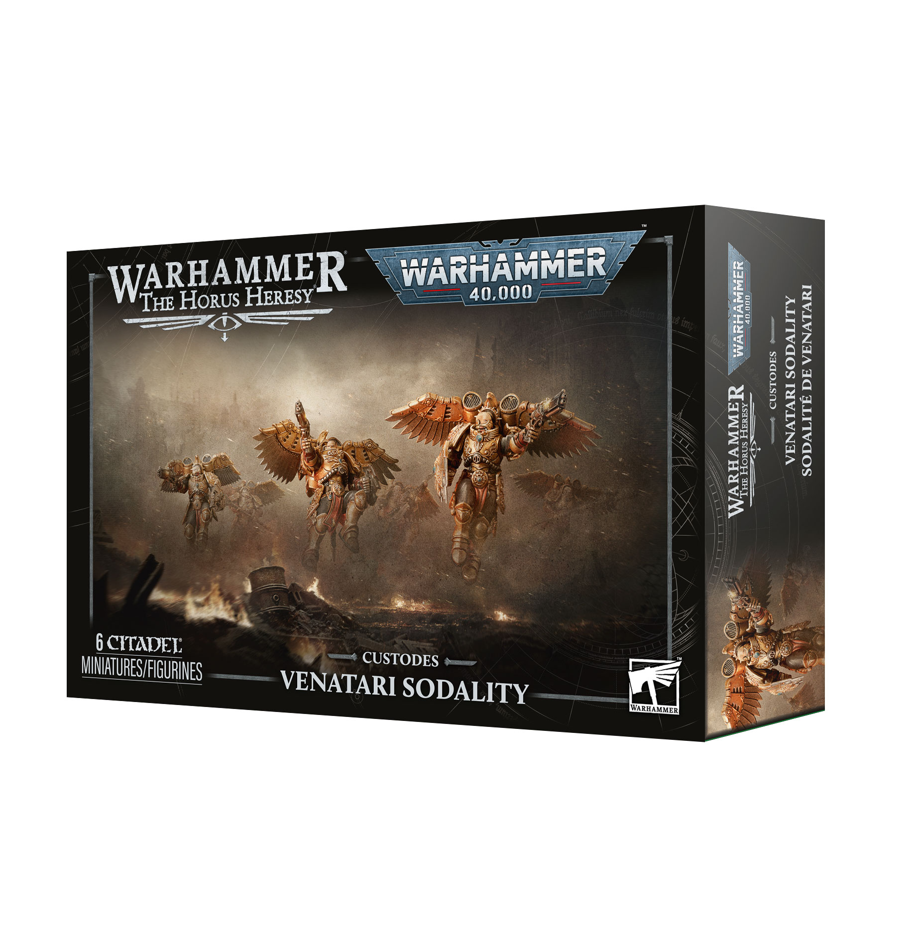 front of box featuring art of six custodes in gold armor with red-gold metal wings