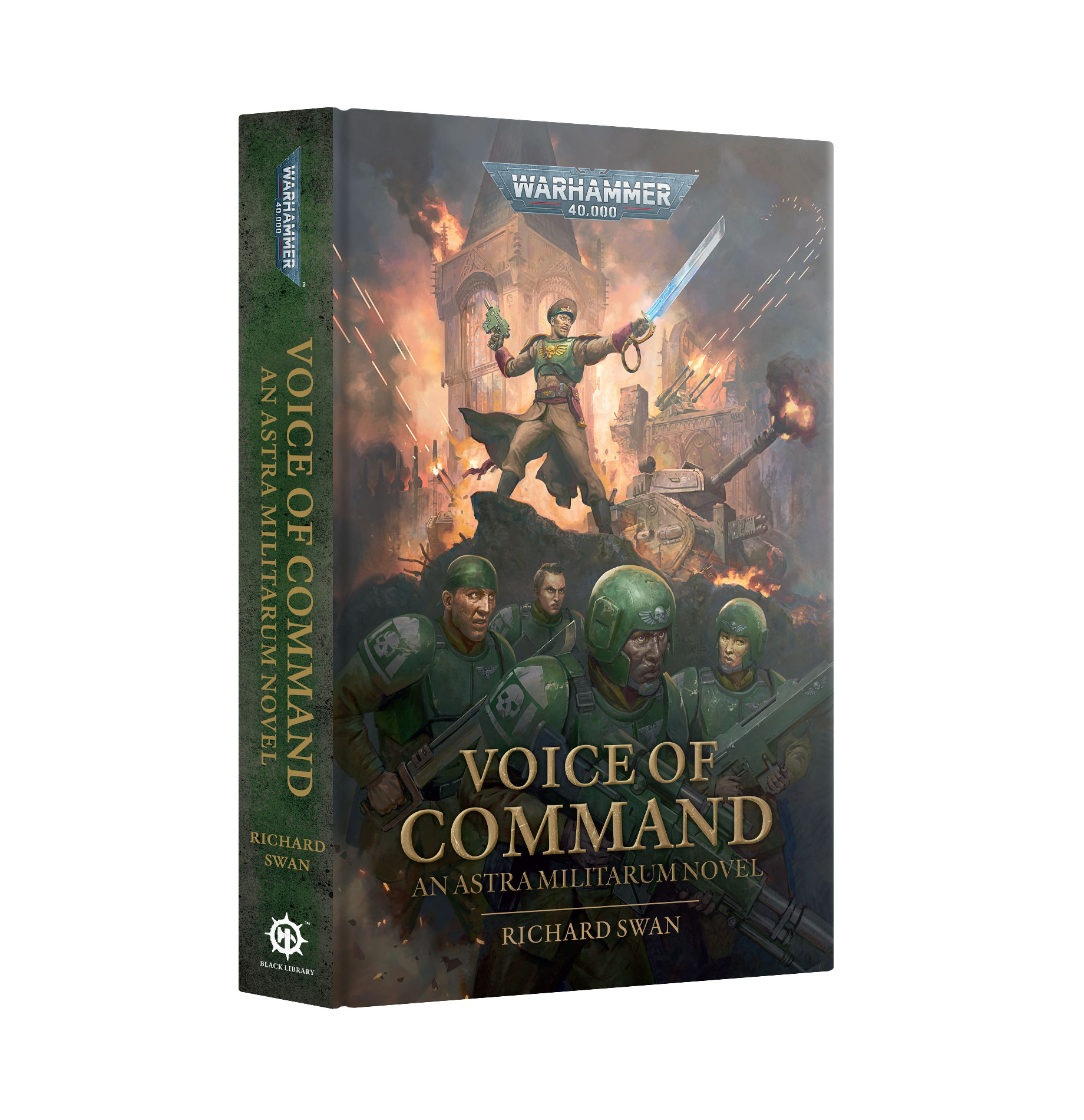 book cover featuring art of a commanding officer standing on a rock on a battlefield gestures forward with a blue sword as four green armored infantry move forward in the foreground