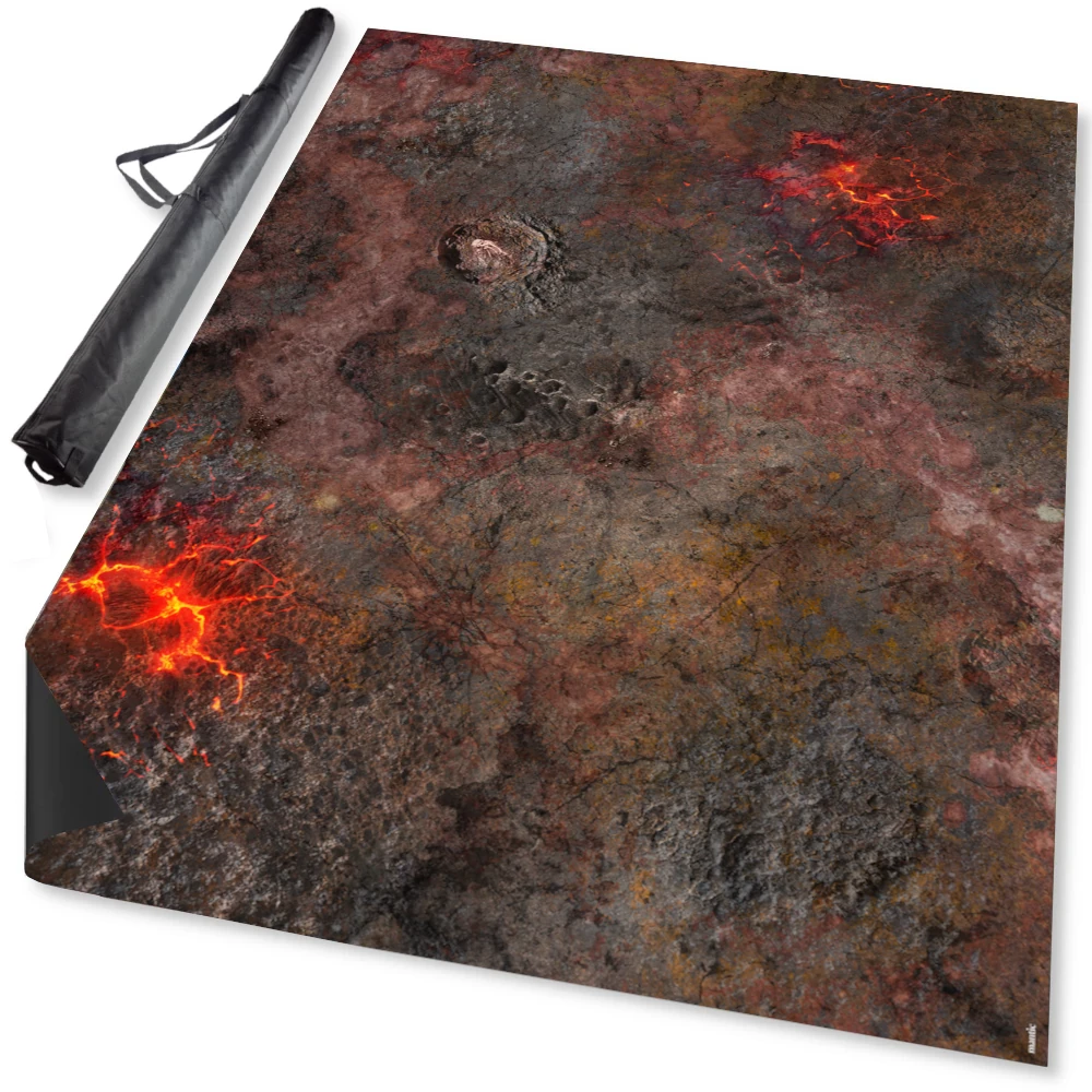 volcanic themed game mat with black carry case