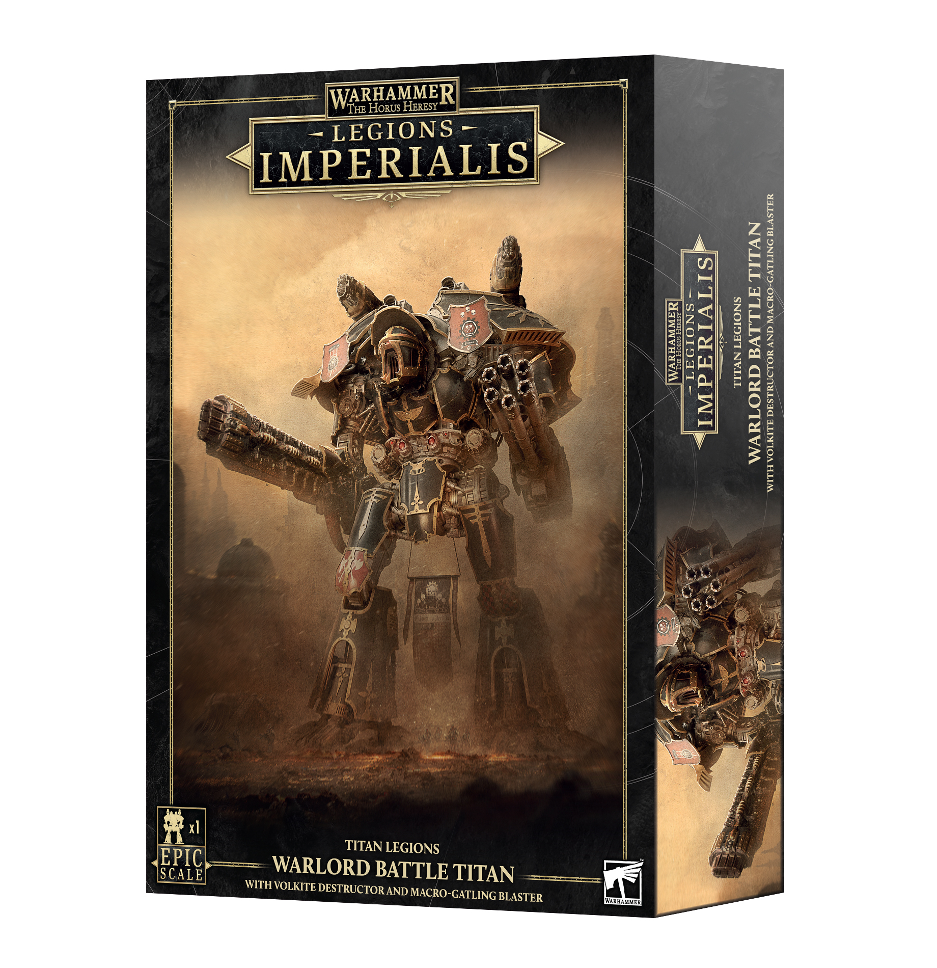 war lord titan with volkite destructor and macro gatling blaster front of box