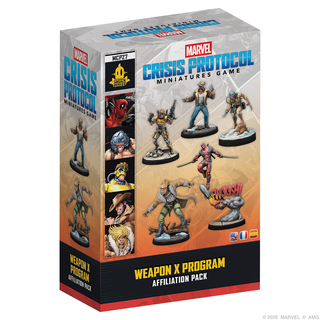 Front of box featuring painted miniatures of deadpool riding the text fwoosh, cowboy wolverine, sabretooth, maverick, and mostly naked wolverine