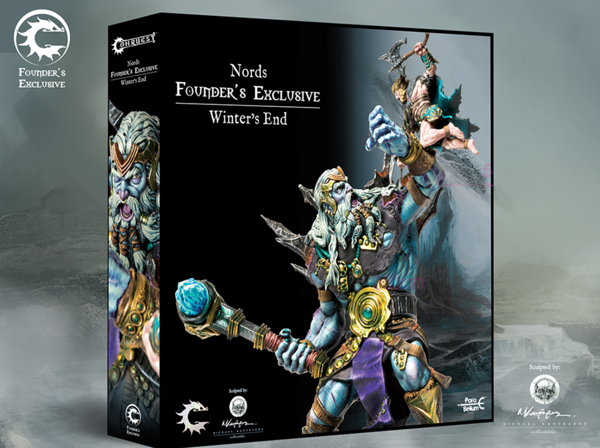 winter's end front of box depicting painted miniatures of nord fighting a giant