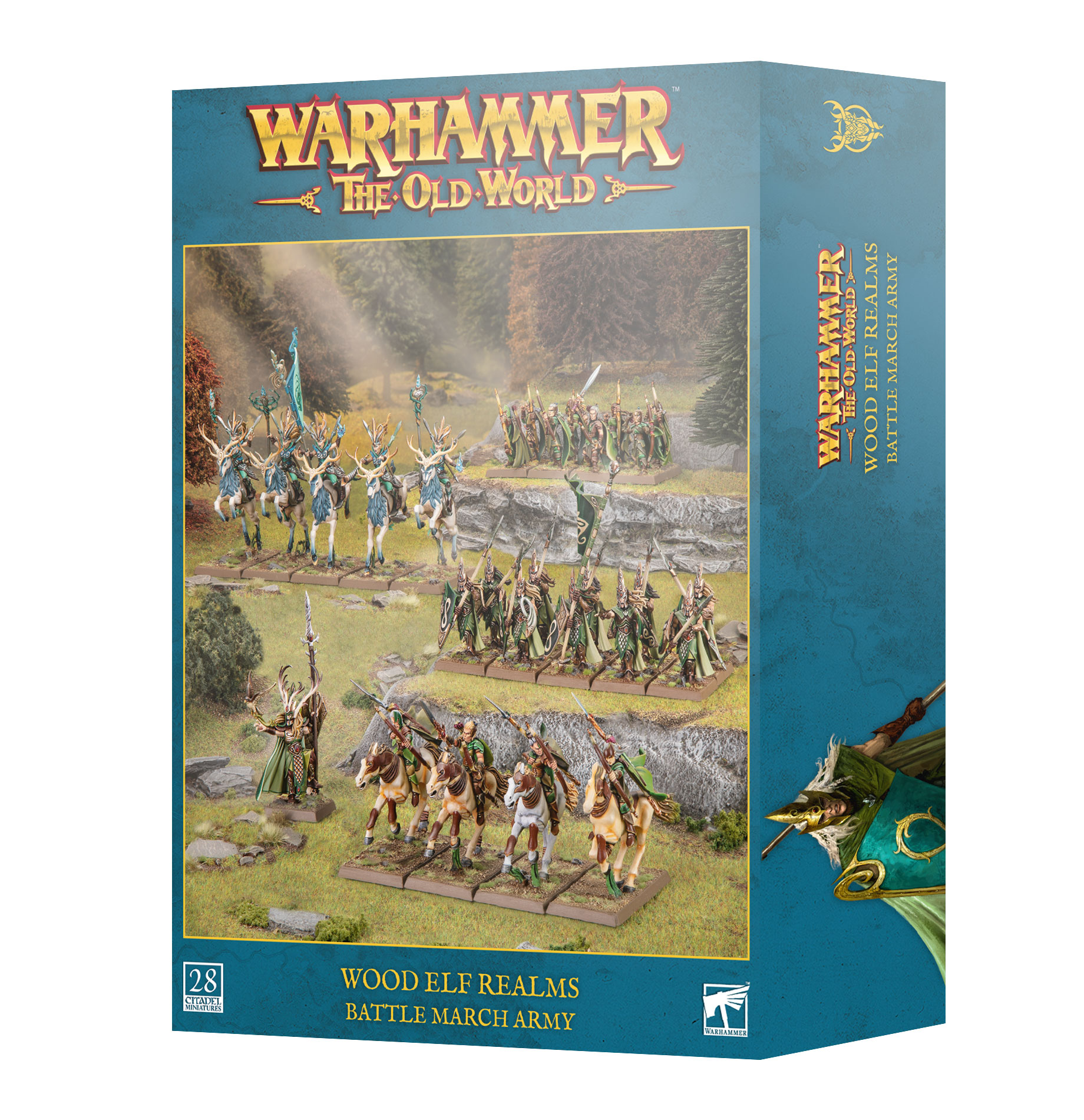 blue box with gold text and diorama of painted elf miniatures in green and white