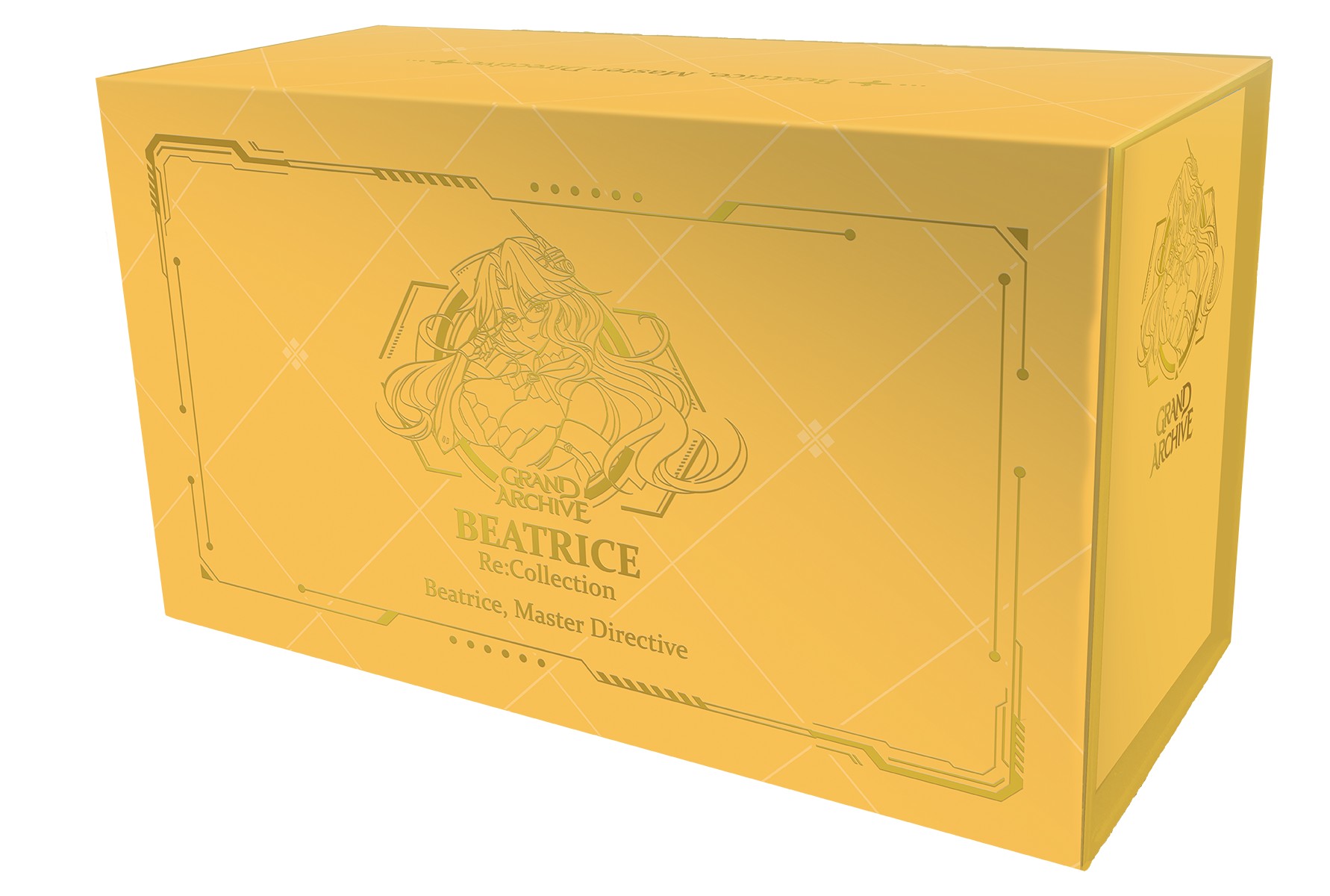 yellow deck box with gold character line art