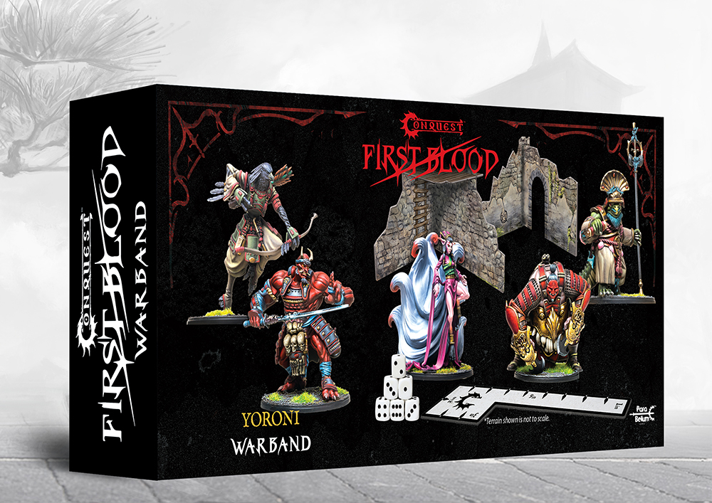 back of box with painted oni, kitsune, and tengu